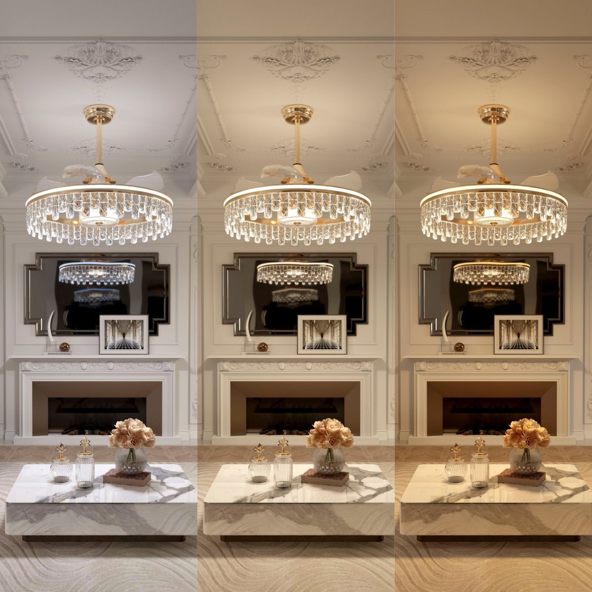 Close-up detail of Ceiling Fan with Light Gold Crystal Design & Adjustable Color