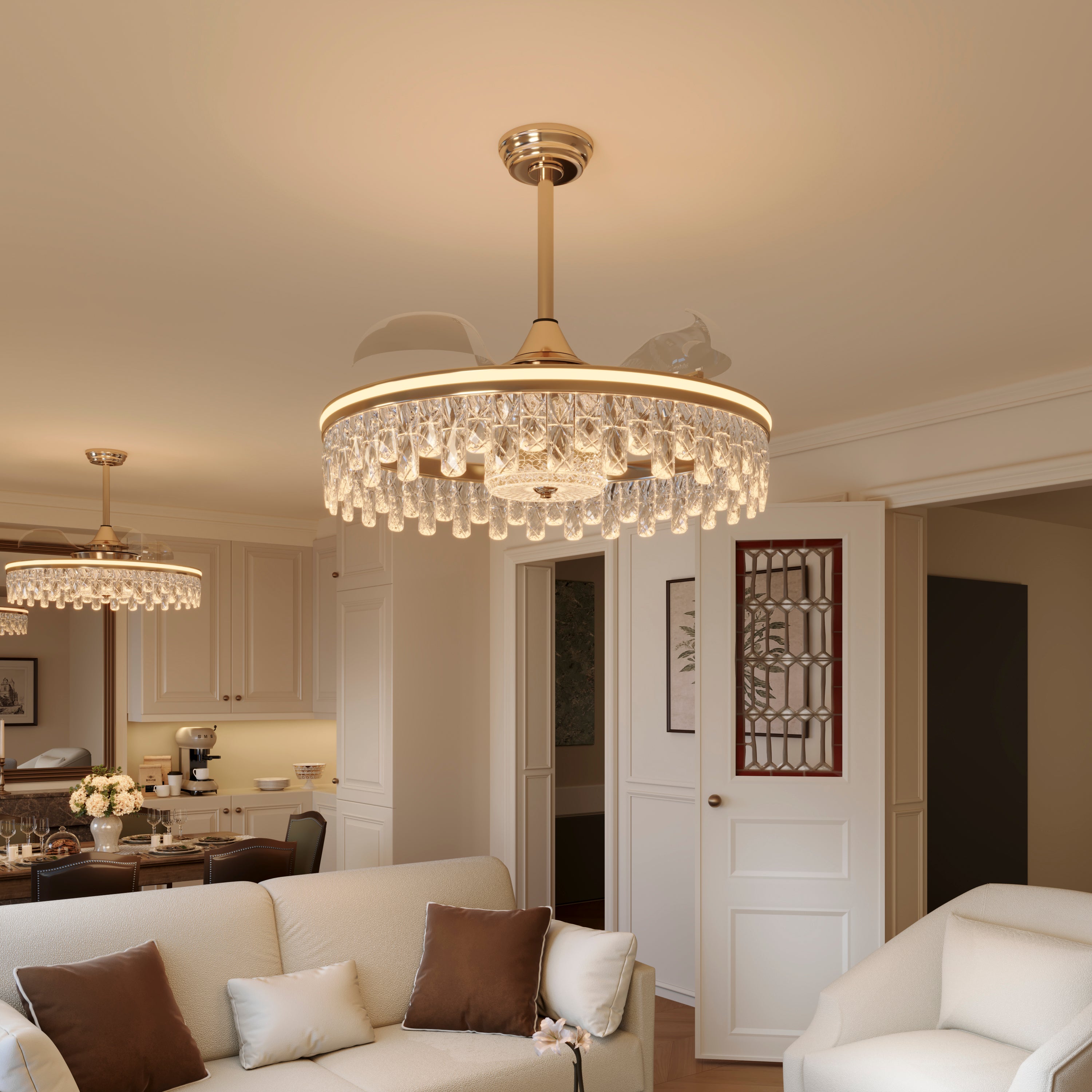 Ceiling Fan with Light Gold Crystal Design & Adjustable Color light on a bedroom bedside