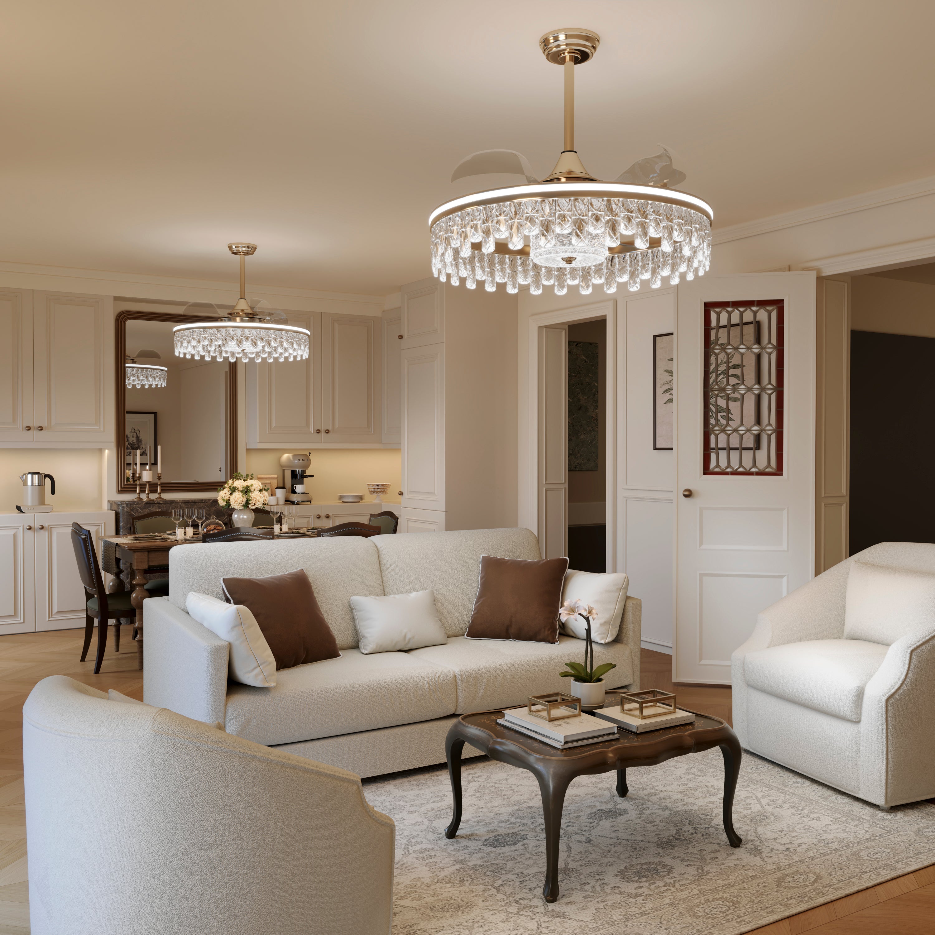 Ceiling Fan with Light Gold Crystal Design & Adjustable Color light in a living room