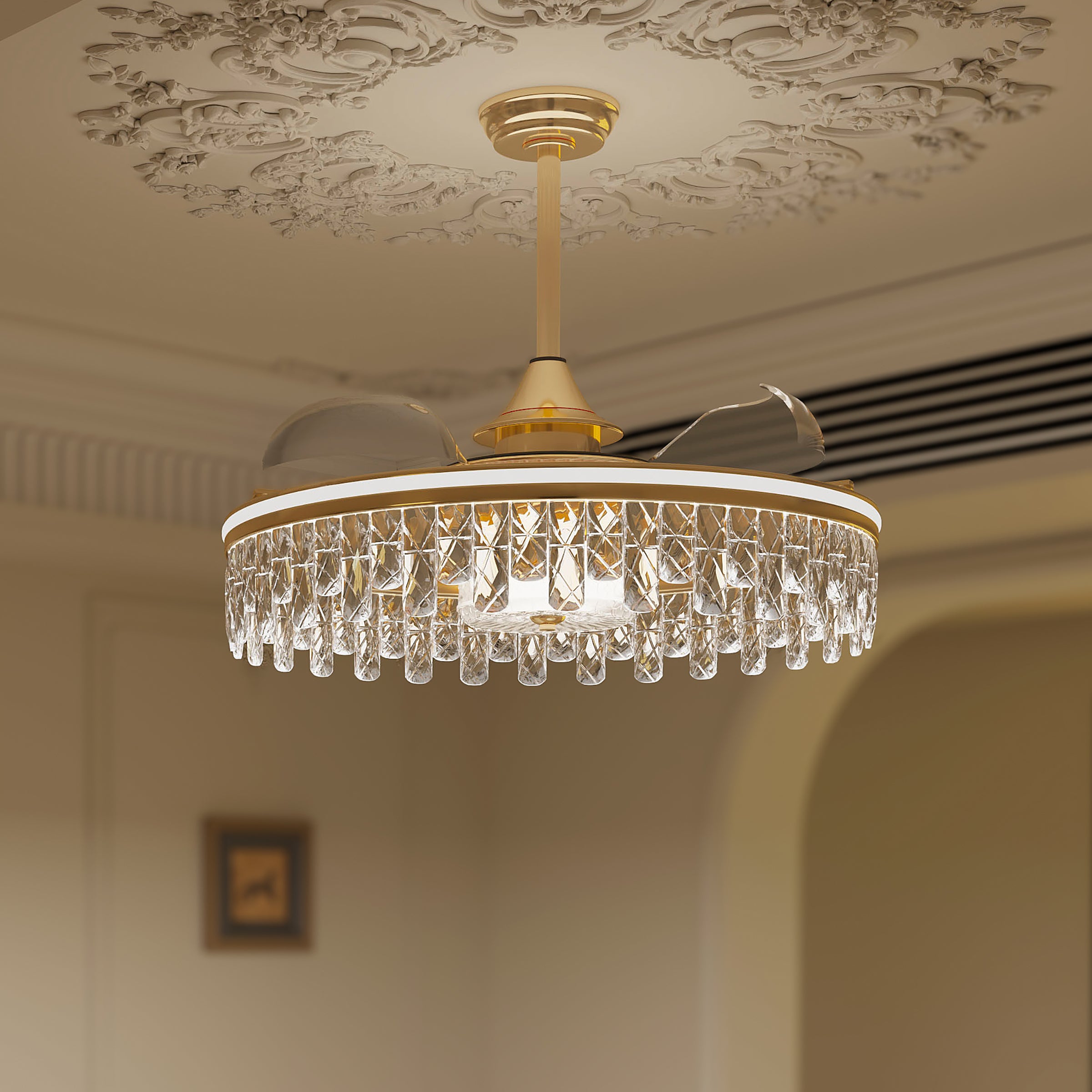 Close-up detail of Ceiling Fan with Light Gold Crystal Design & Adjustable Color