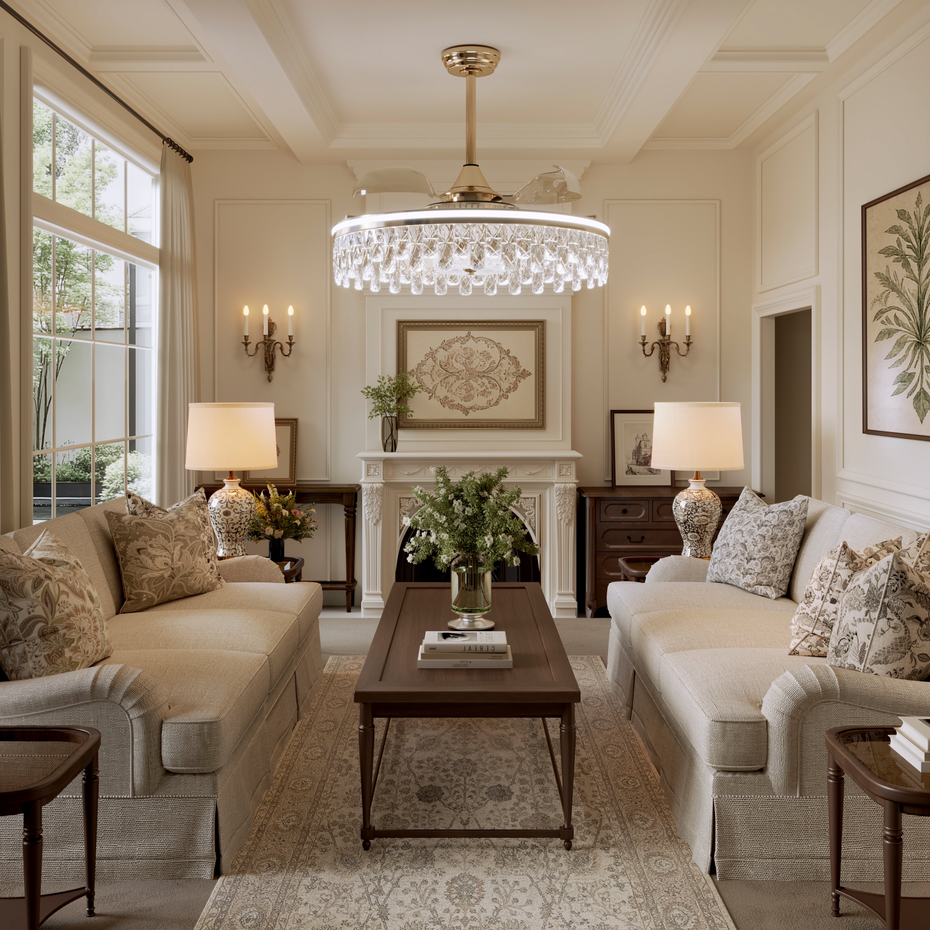 Close-up detail of Ceiling Fan with Light Gold Crystal Design & Adjustable Color