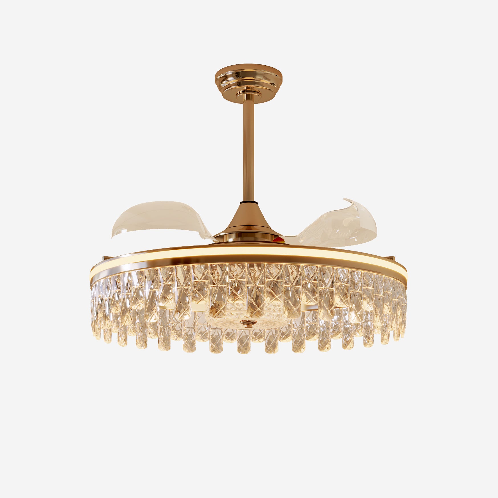 Ceiling Fan with Light Gold Crystal Design & Adjustable Color light on white