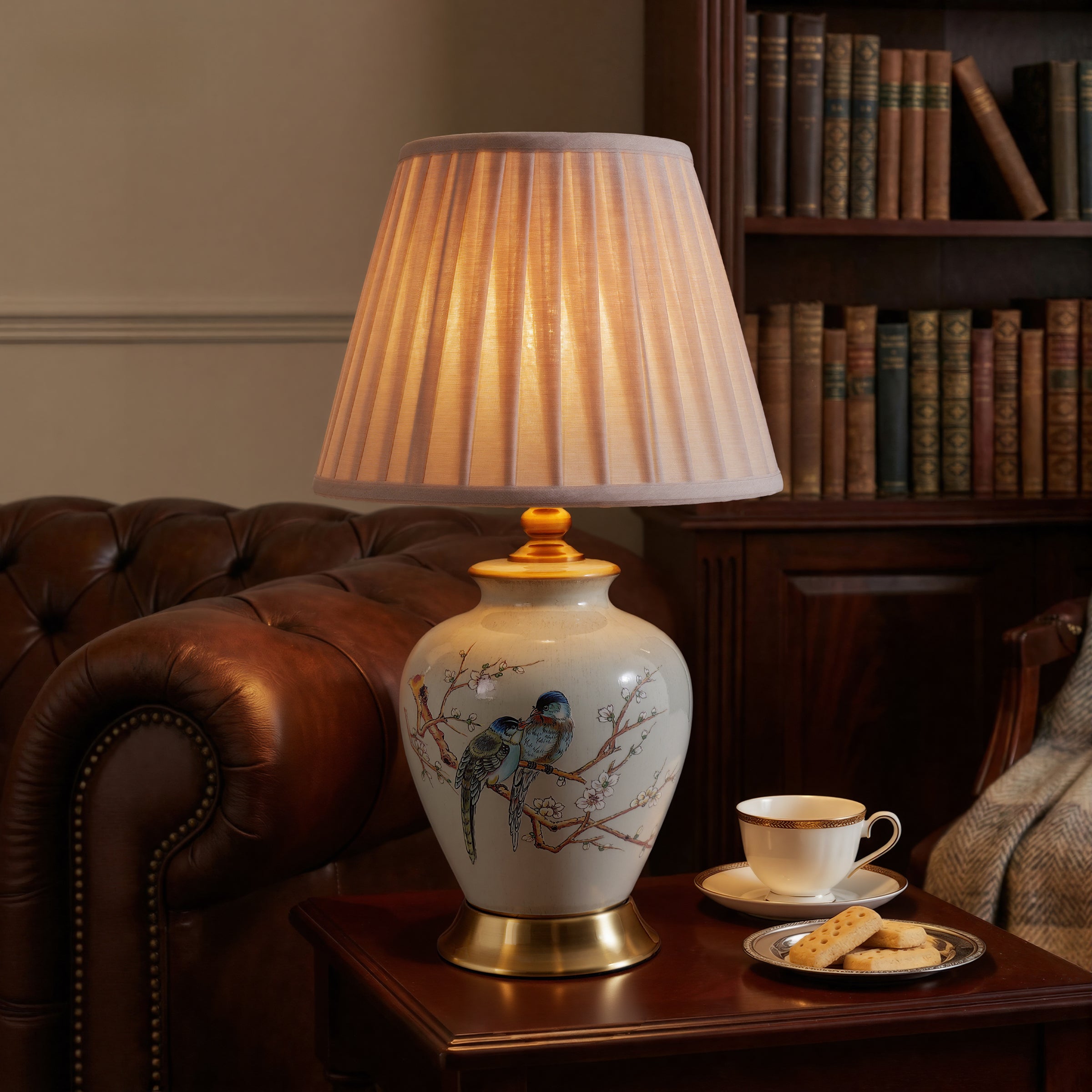 Grey Chinoiserie Hand-Painted Ceramic Table Lamp table lamp in a home interior
