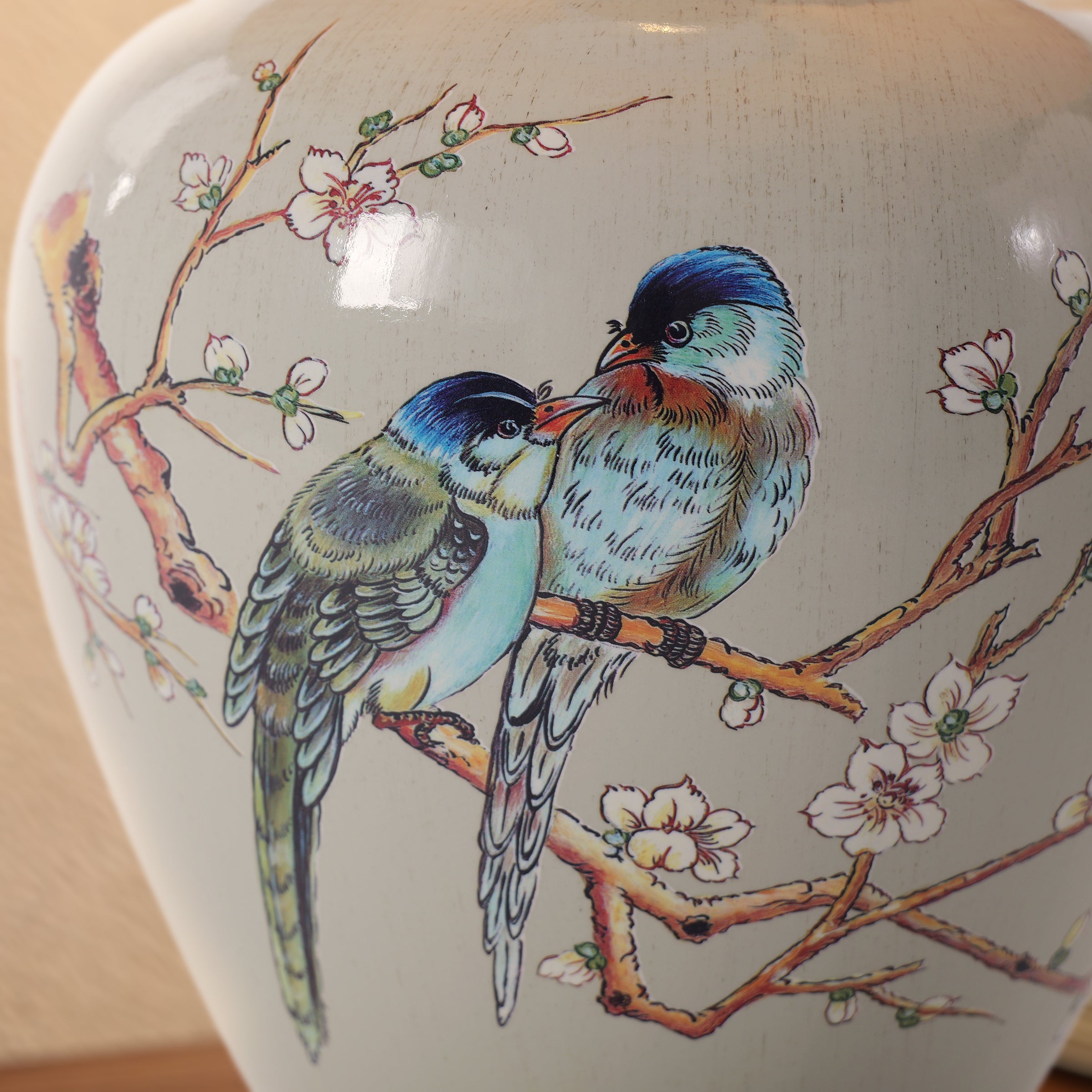 Close-up detail of Grey Chinoiserie Hand-Painted Ceramic Table Lamp table