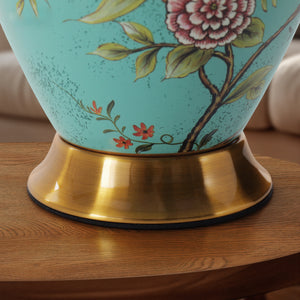 Close-up detail of Turquoise Chinoiserie Hand-Painted Ceramic Table Lamp table