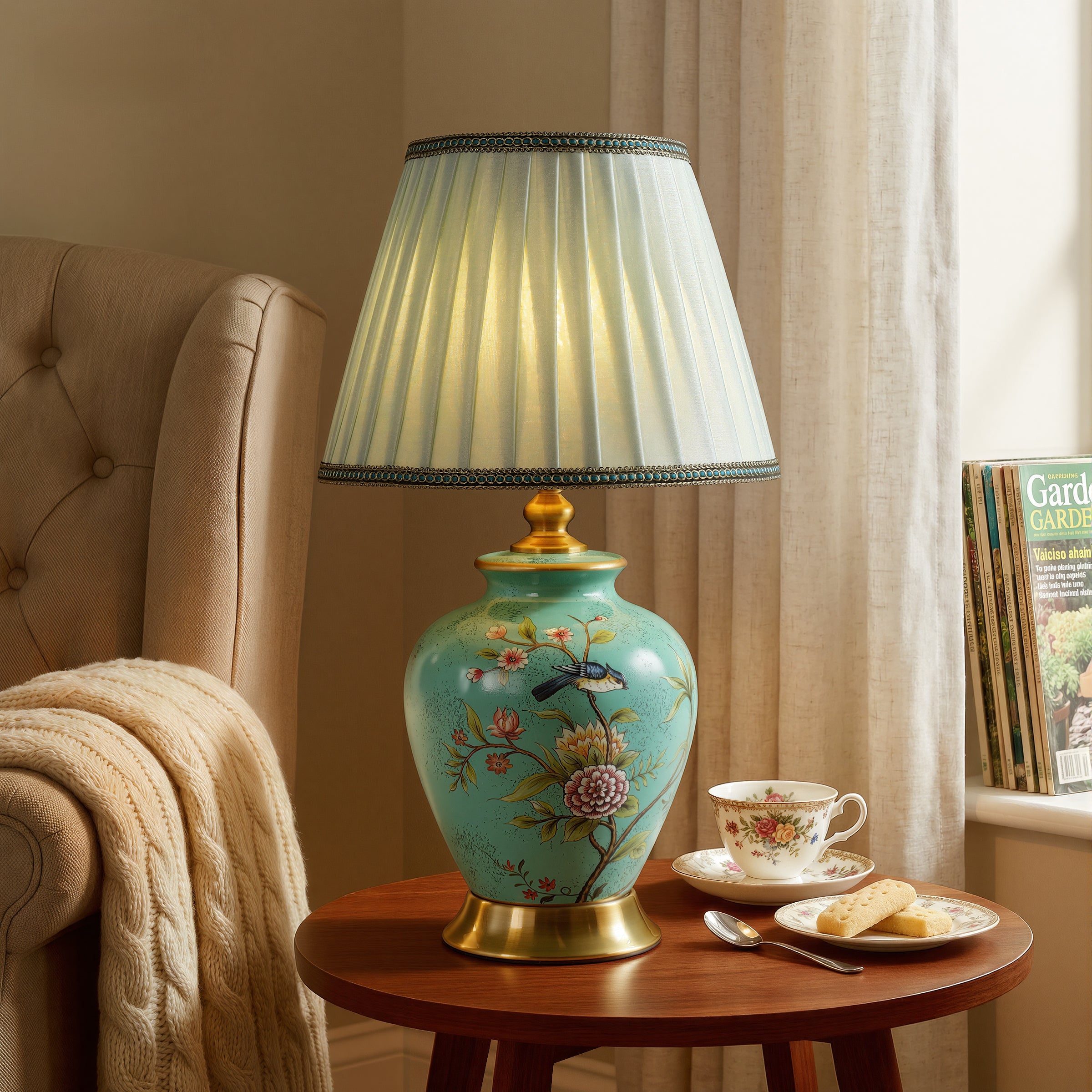 Turquoise Chinoiserie Hand-Painted Ceramic Table Lamp table lamp in a home interior