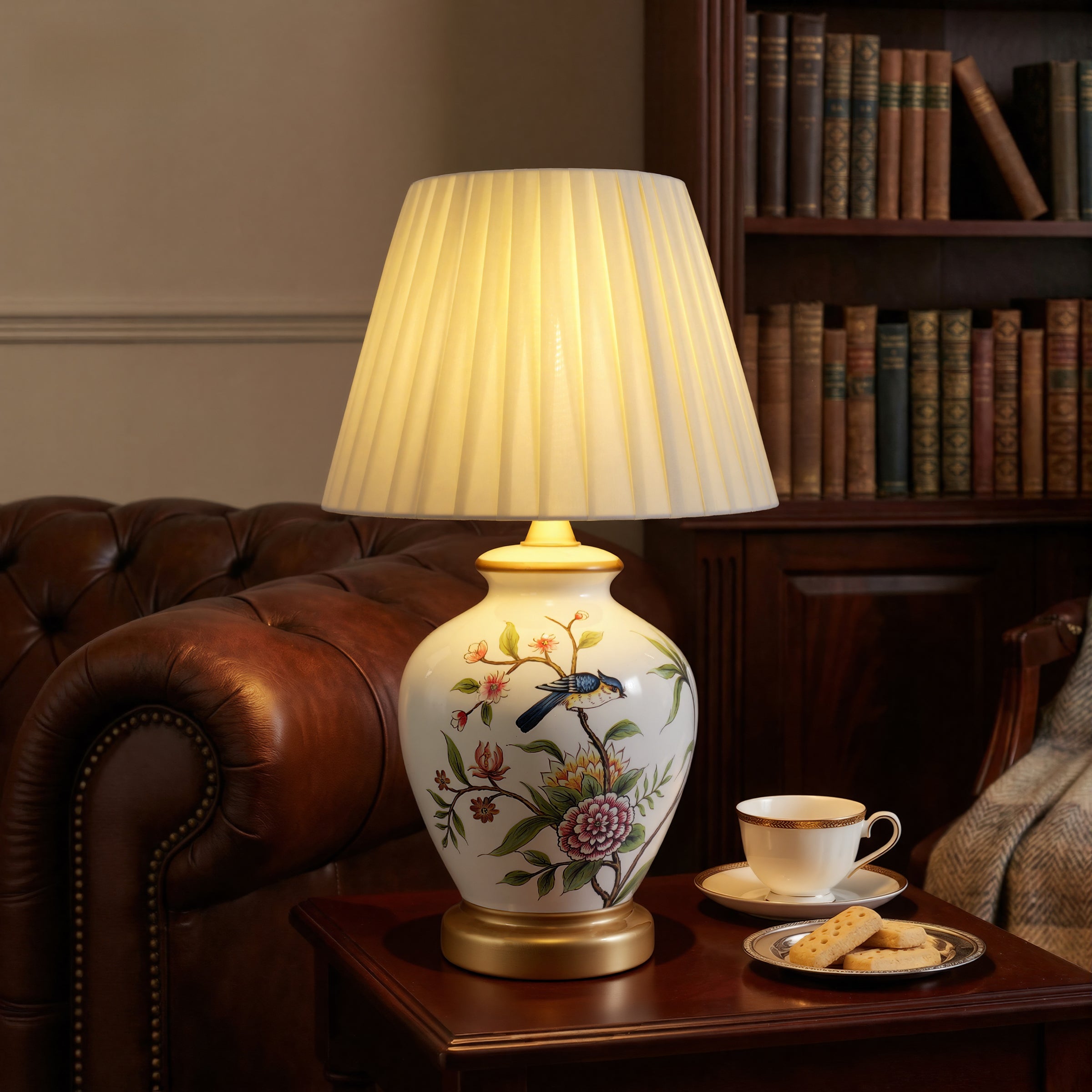 White Chinoiserie Hand-Painted Ceramic Table Lamp table lamp in a home interior