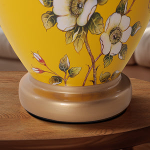 Close-up detail of Yellow-Double Bird Chinoiserie Hand-Painted Ceramic Table Lamp table