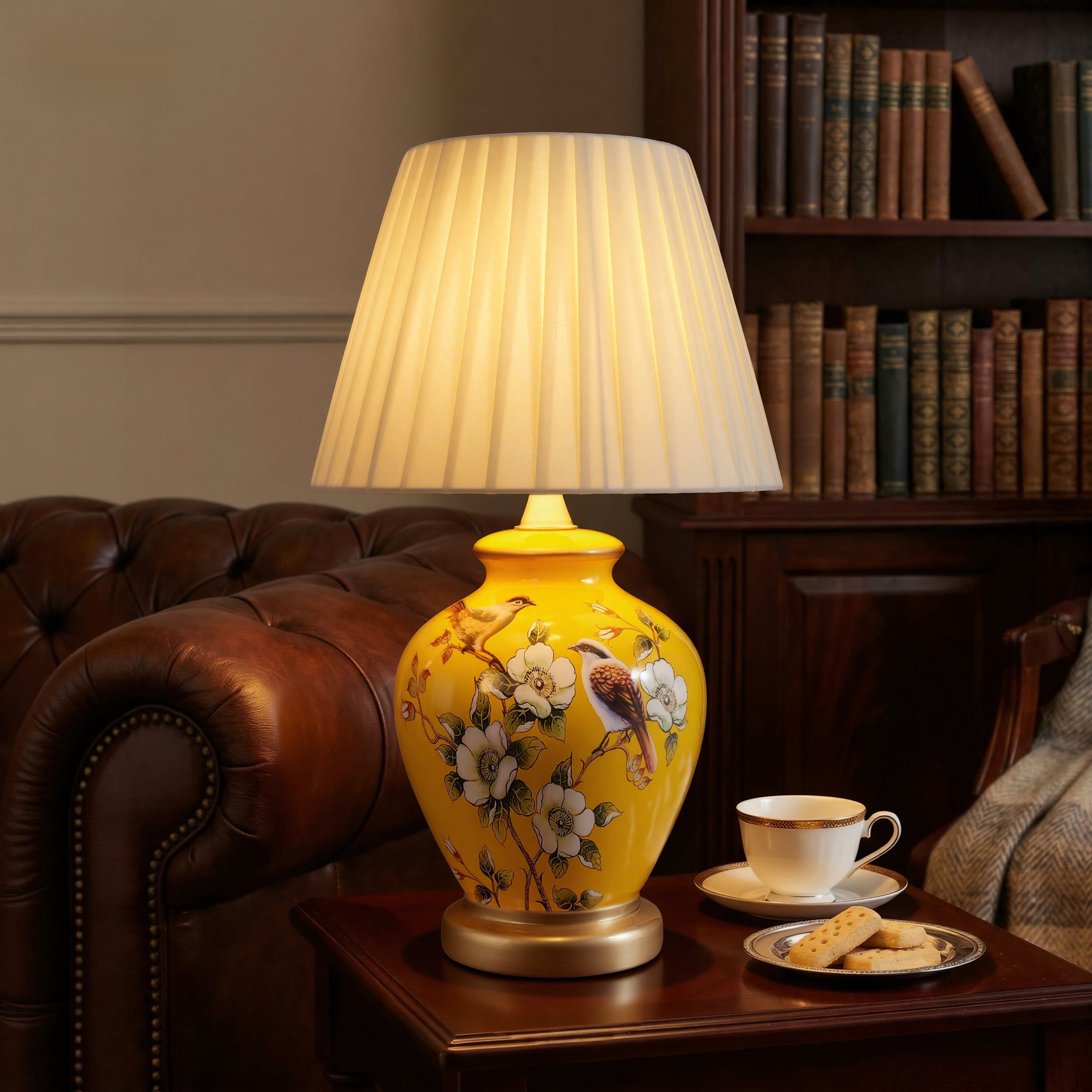 Yellow-Double Bird Chinoiserie Hand-Painted Ceramic Table Lamp table lamp in a home interior