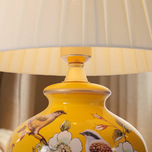 Close-up detail of Yellow-Double Bird Chinoiserie Hand-Painted Ceramic Table Lamp table