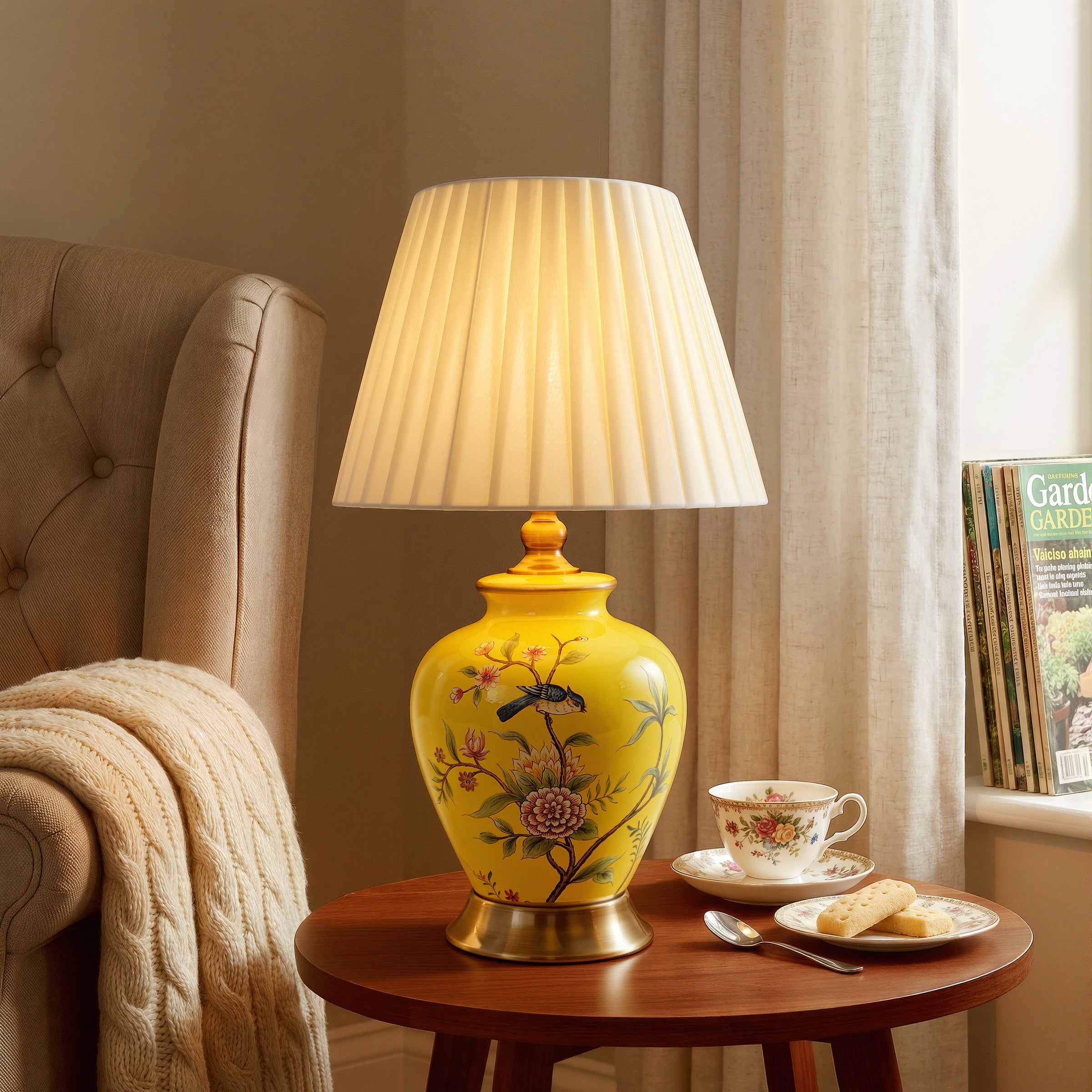 Yellow-Single Bird Chinoiserie Hand-Painted Ceramic Table Lamp table lamp in a home interior
