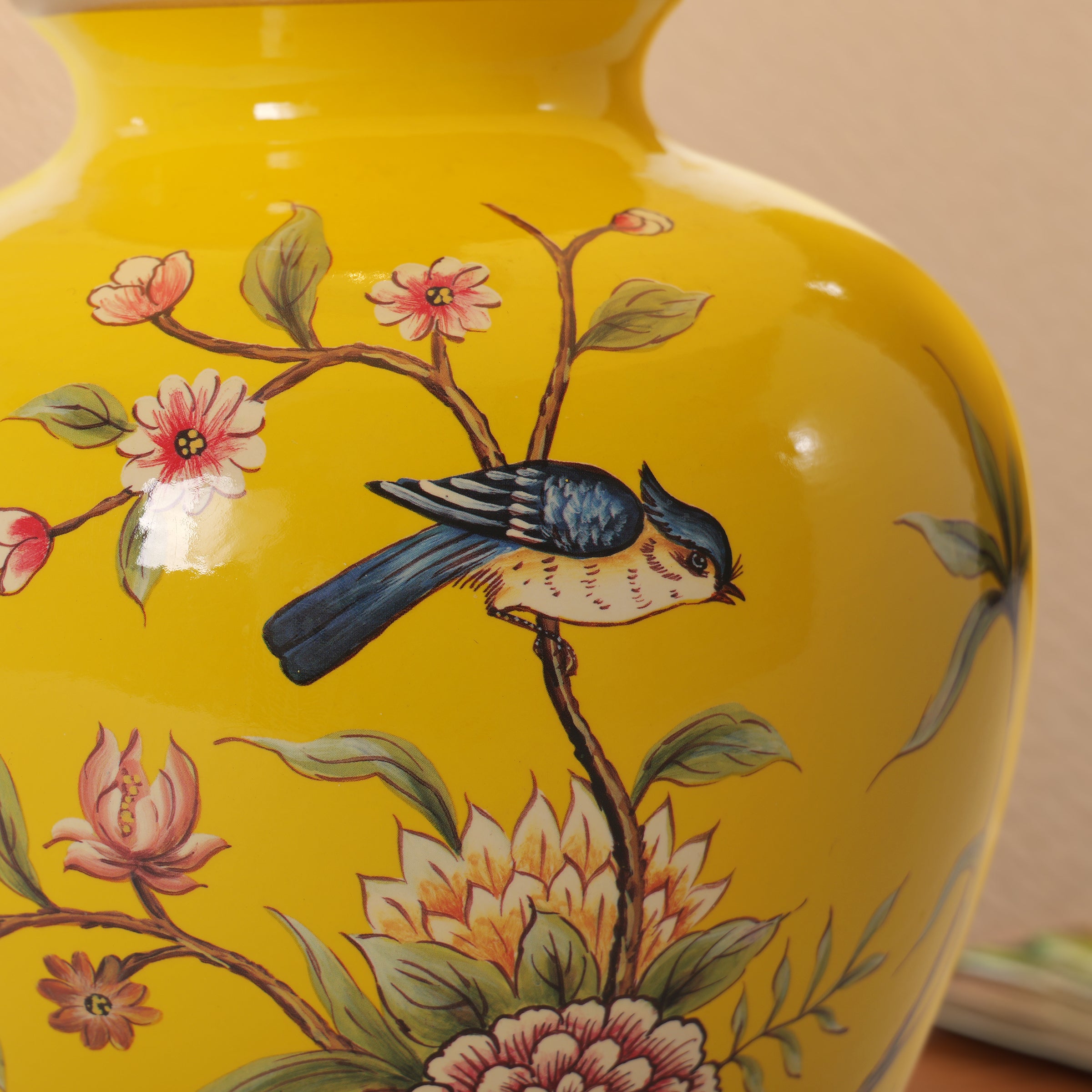 Close-up detail of Yellow-Single Bird Chinoiserie Hand-Painted Ceramic Table Lamp table