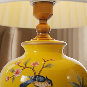 Close-up detail of Yellow-Single Bird Chinoiserie Hand-Painted Ceramic Table Lamp table