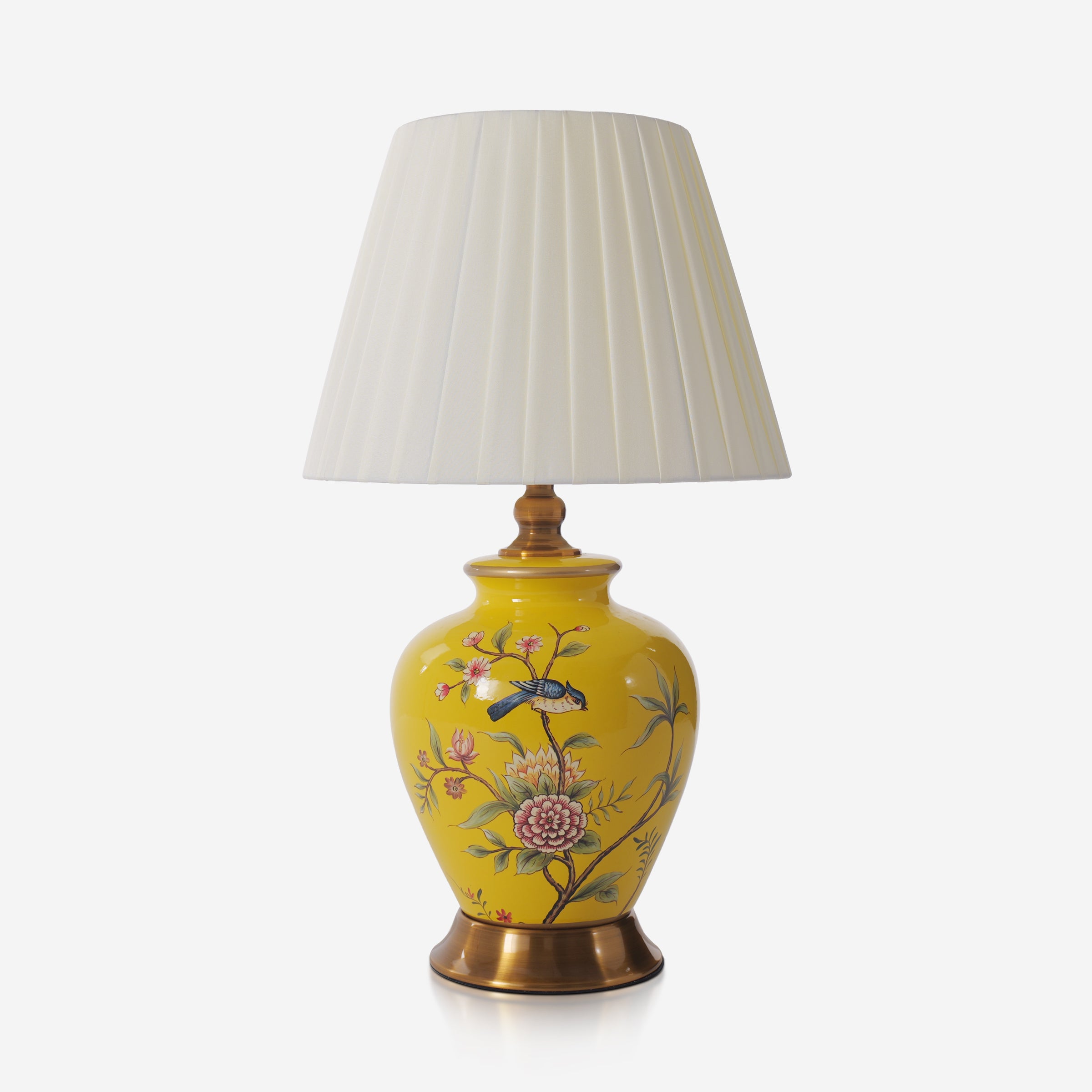 Yellow-Single Bird Chinoiserie Hand-Painted Ceramic Table Lamp table lamp on white