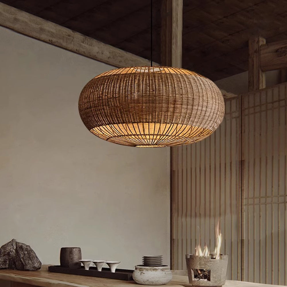 Handcrafted Rattan Pendant Light in Flat Round Basket Shape