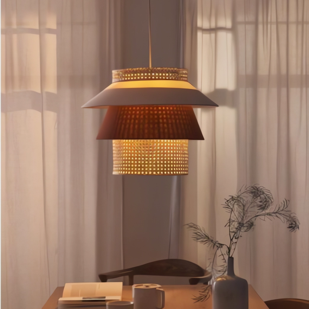 Hat-Shaped LED Light Combining Rattan and Fabric Pendant Light