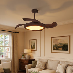 Walnut effect ceiling fan light above a warm traditional British living room