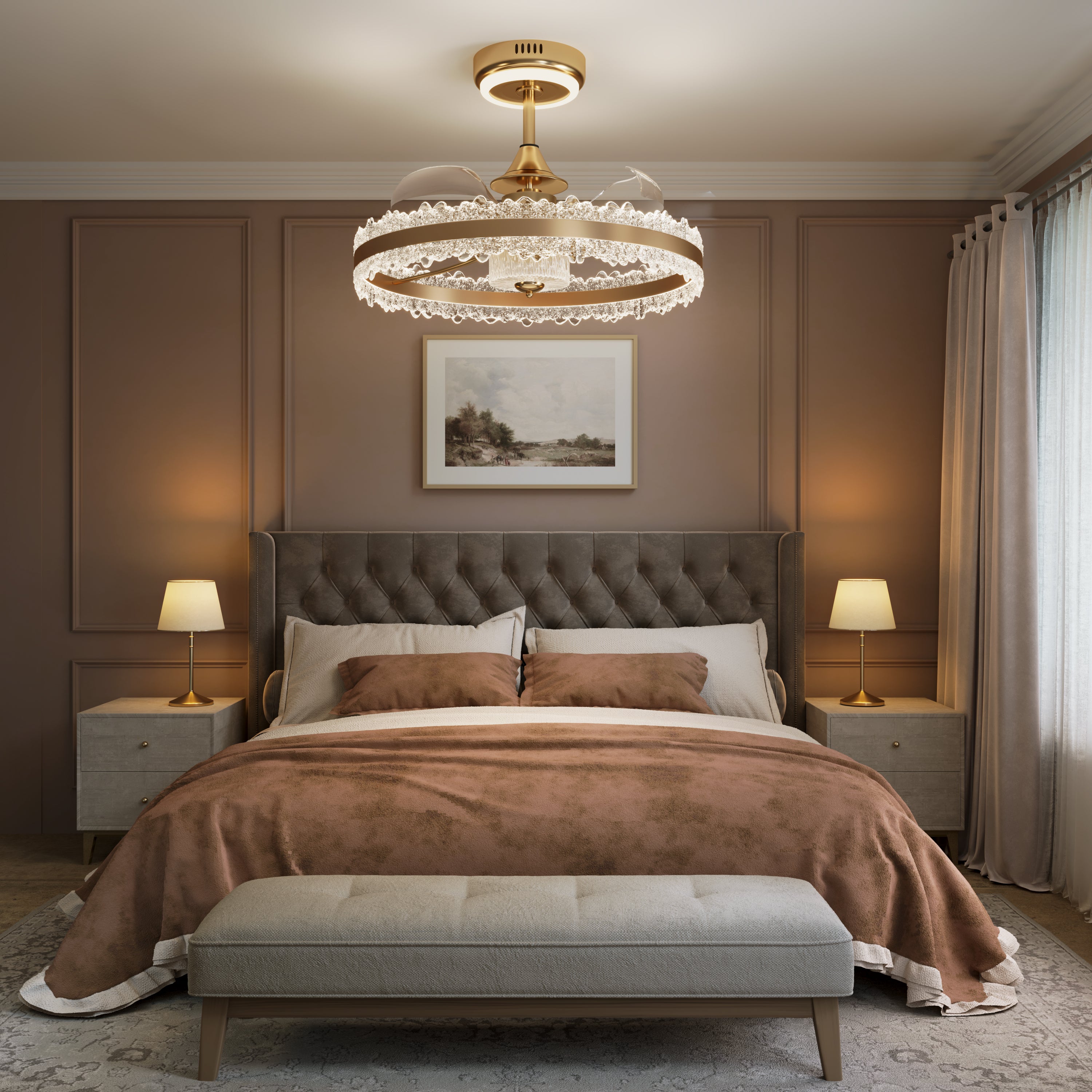 Gold halo fan light in neutral white over an upholstered bed and bench