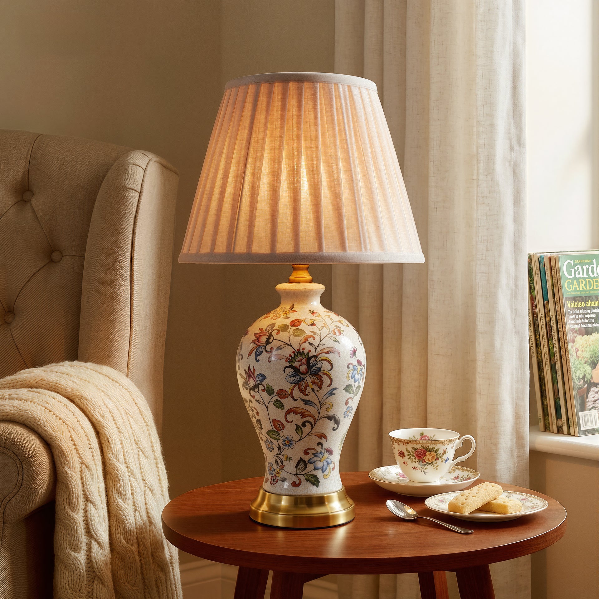 Chinoiserie Hand Painted Porcelain Table Lamp Pleated Linen Shade