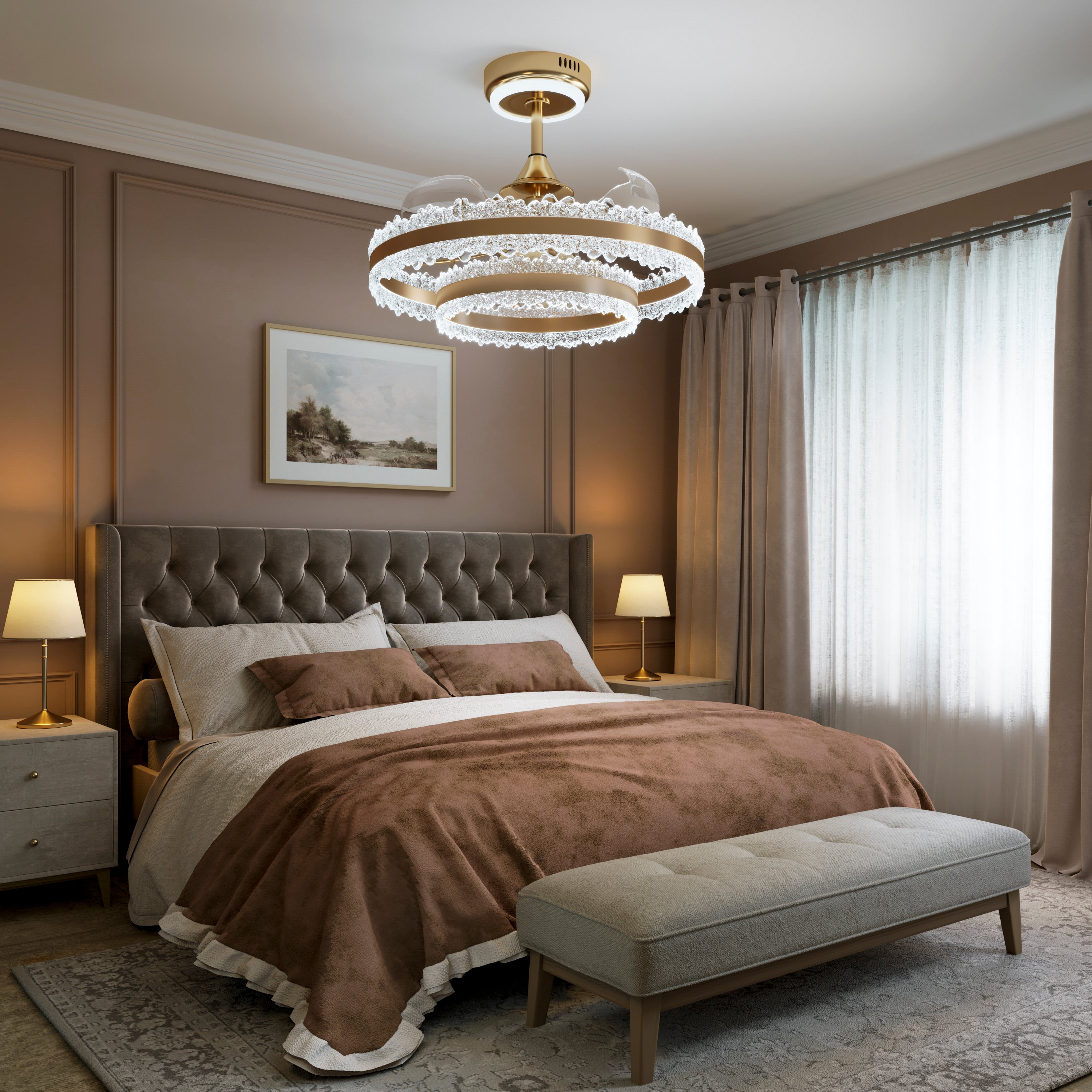 Gold halo ceiling fan light in cool white above a contemporary bedroom setting
