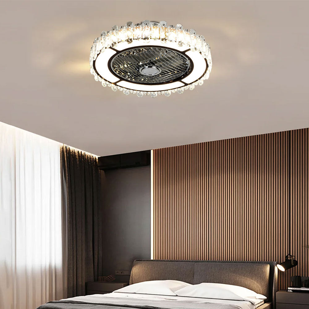 Round Crystal Flush Mount LED Tri-Colour Temperature Ceiling Fan Light