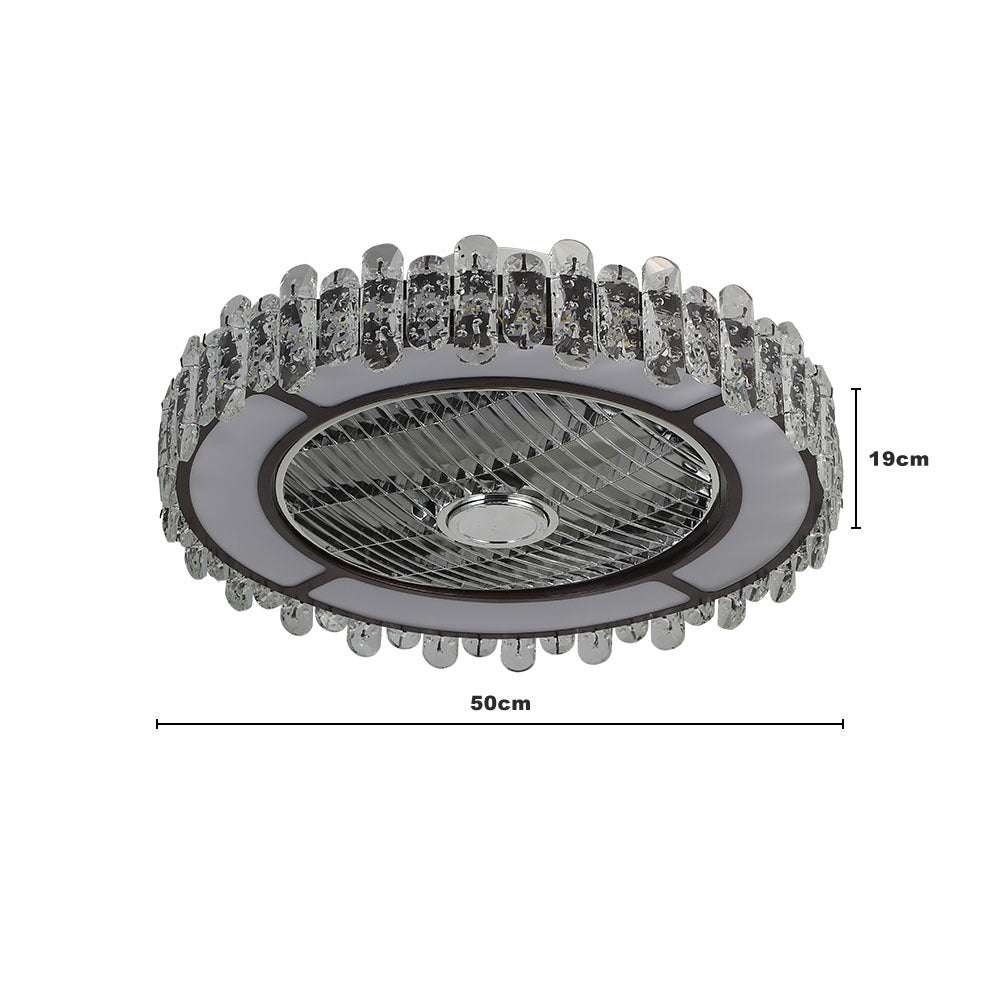 Round Crystal Flush Mount LED Tri-Colour Temperature Ceiling Fan Light