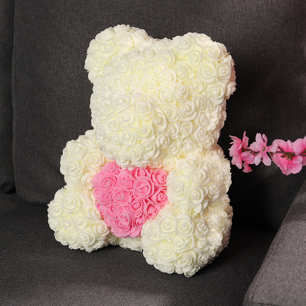 Eternal Rose Teddy Bear Heart Gift Set - Milk White with Pink Heart