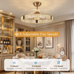 Close up of gold crystal ceiling fan light with decorative chandelier style finish