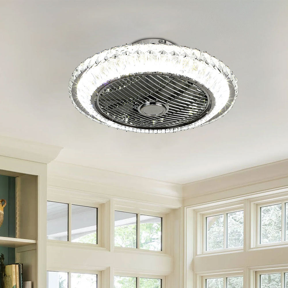 Sliver Round Crystal Flush Mount LED Ceiling Fan with Light