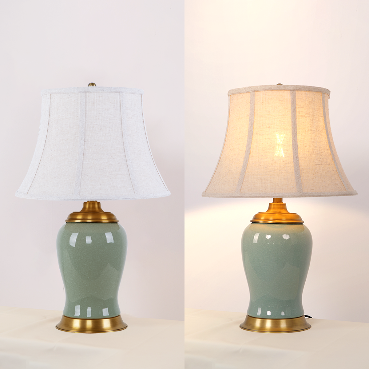 Vintage Green Crackle Ceramic Table Lamp with Fabric Shade