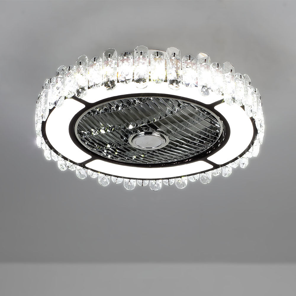 Round Crystal Flush Mount LED Tri-Colour Temperature Ceiling Fan Light