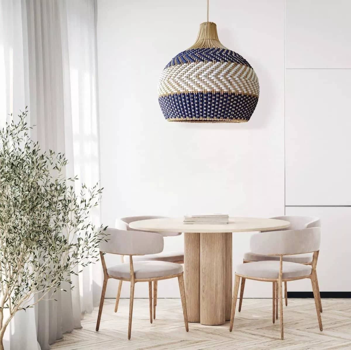 Handwoven Blue and White Rattan Pendant Light