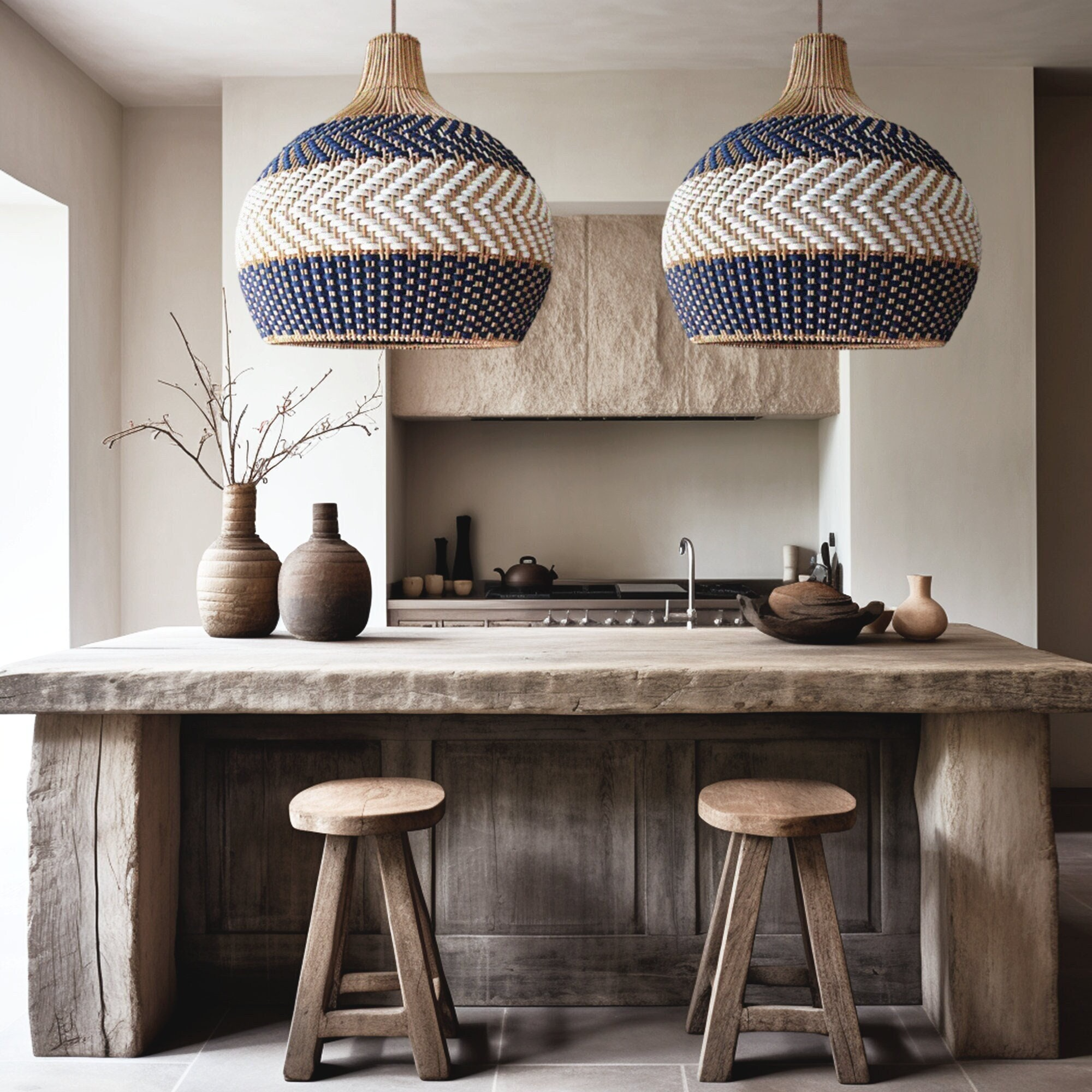 Handwoven Blue and White Rattan Pendant Light