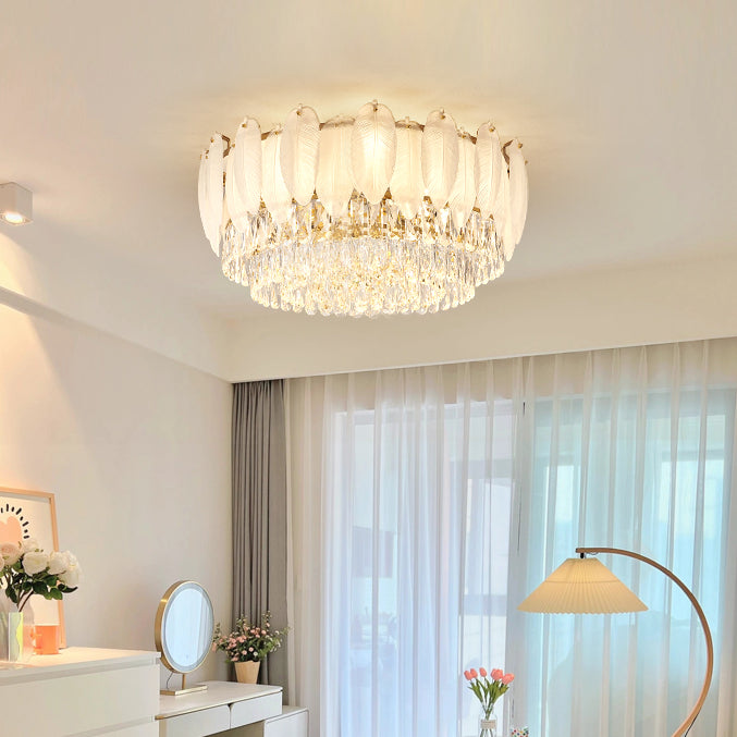 Luxurious Feathered Glass Lampshade Flush Mount Ceiling Light