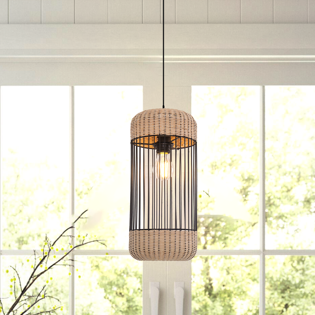 Glyph-Iron Rattan Pendant Light Cylindrical Shape Suitable for Kitchen Island & Bedroom