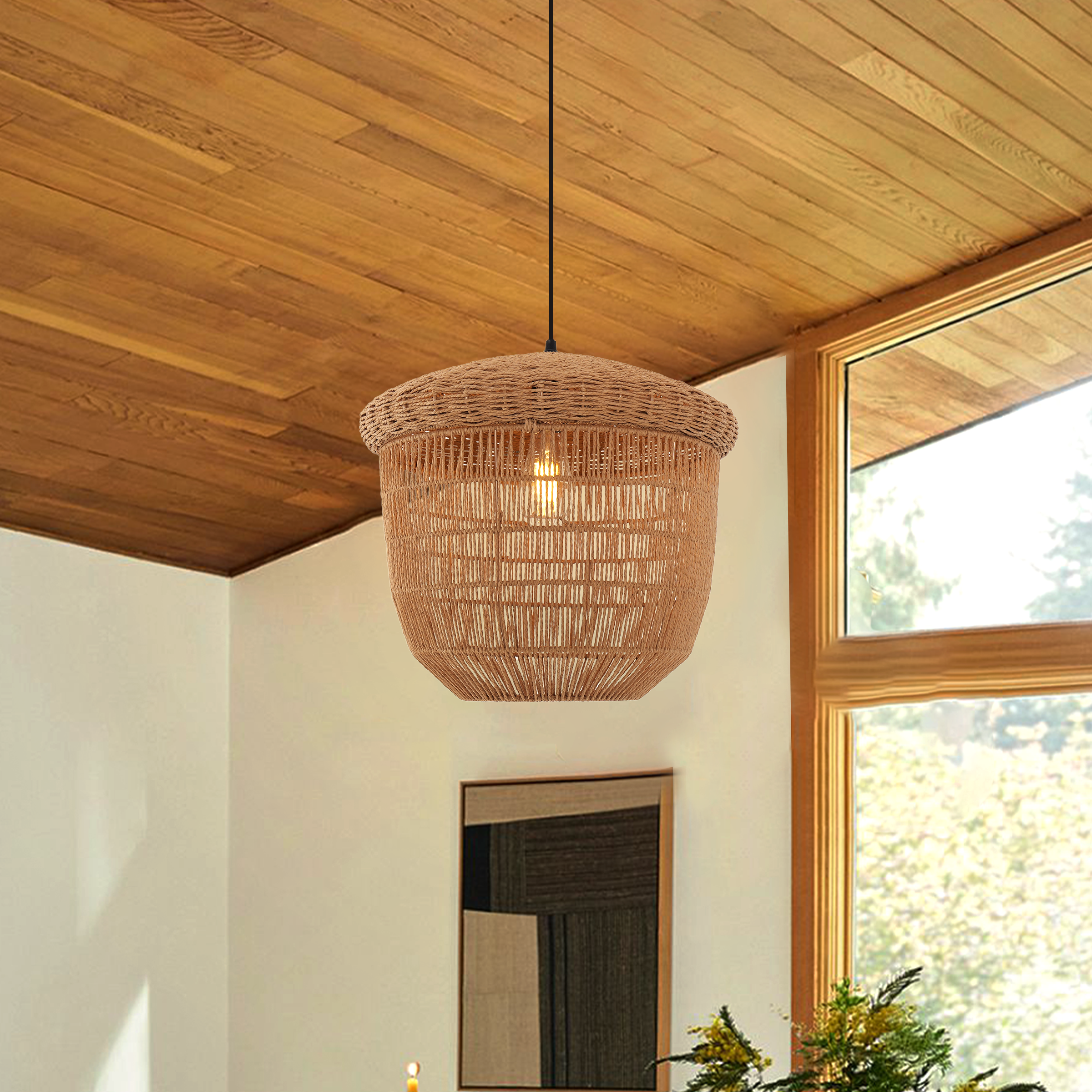 Rustic Paper Rope and Iron Basket Pendant Light for Cozy Spaces