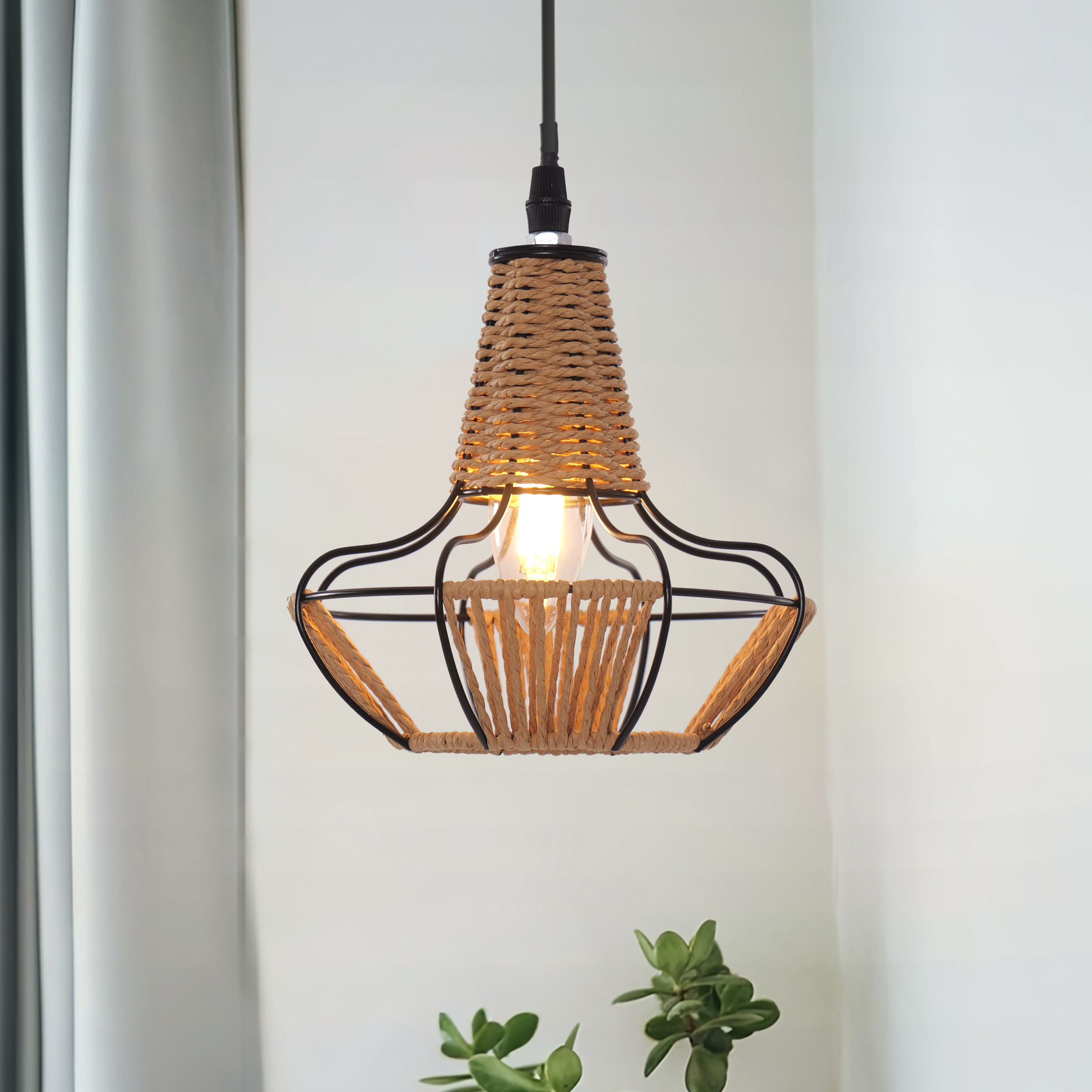 Rustic Dining Room Woven Rattan Paper Rope Iron Chandelier for Kitchen Aisle Reading Corner