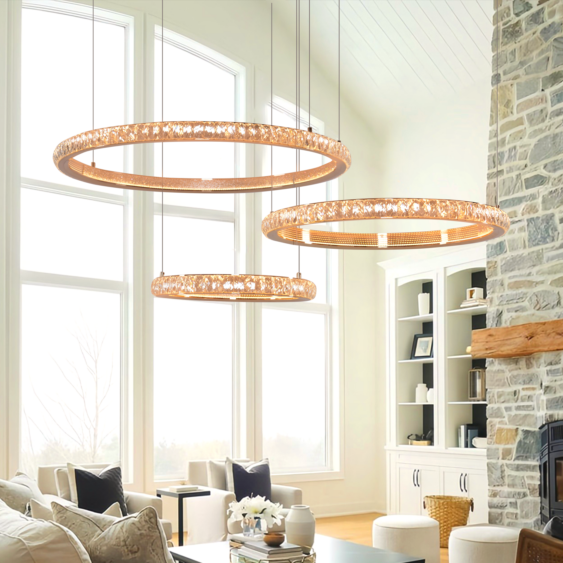 Modern Crystal LED Triple Ring Pendant Light
