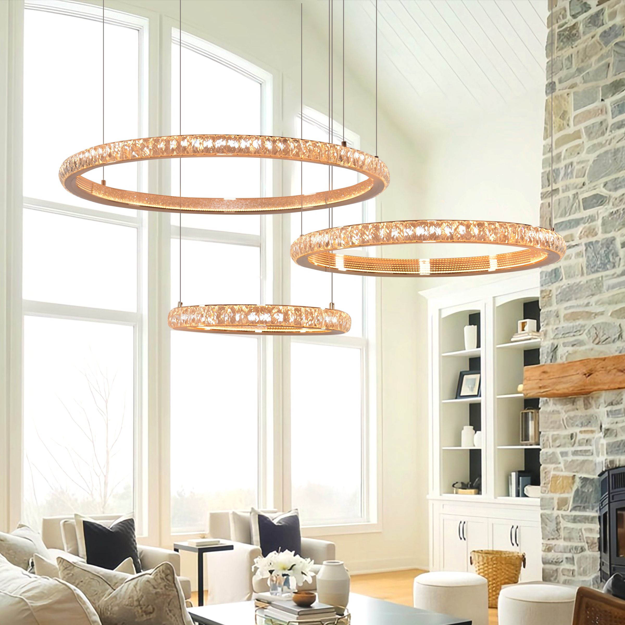 Modern Crystal LED Triple-Ring Pendant Light