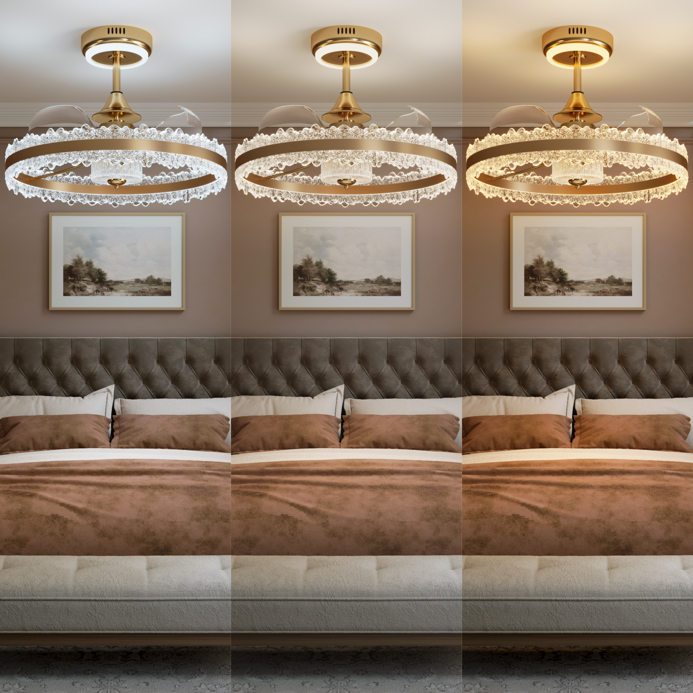 Warm, neutral and cool light comparison for a gold halo bedroom fan light