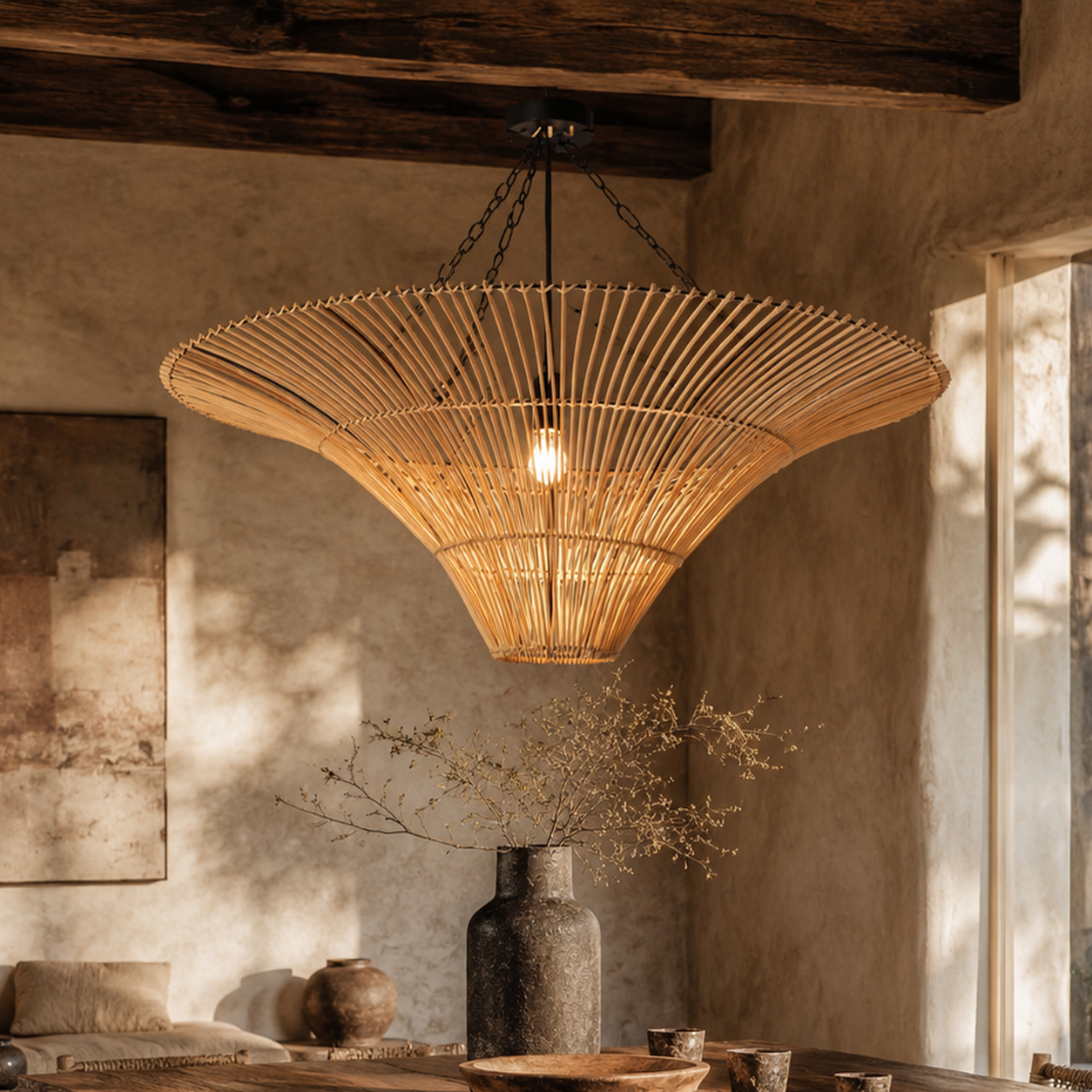 Handwoven Flying Saucer Rattan Pendant Light for Dining Room & Living pendant light in a home interior