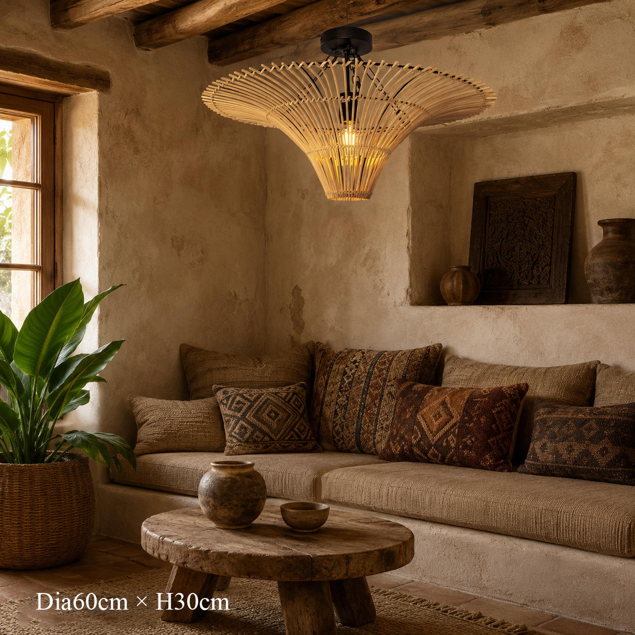 Handwoven Flying Saucer Rattan Pendant Light for Dining Room & Living pendant light in a home interior