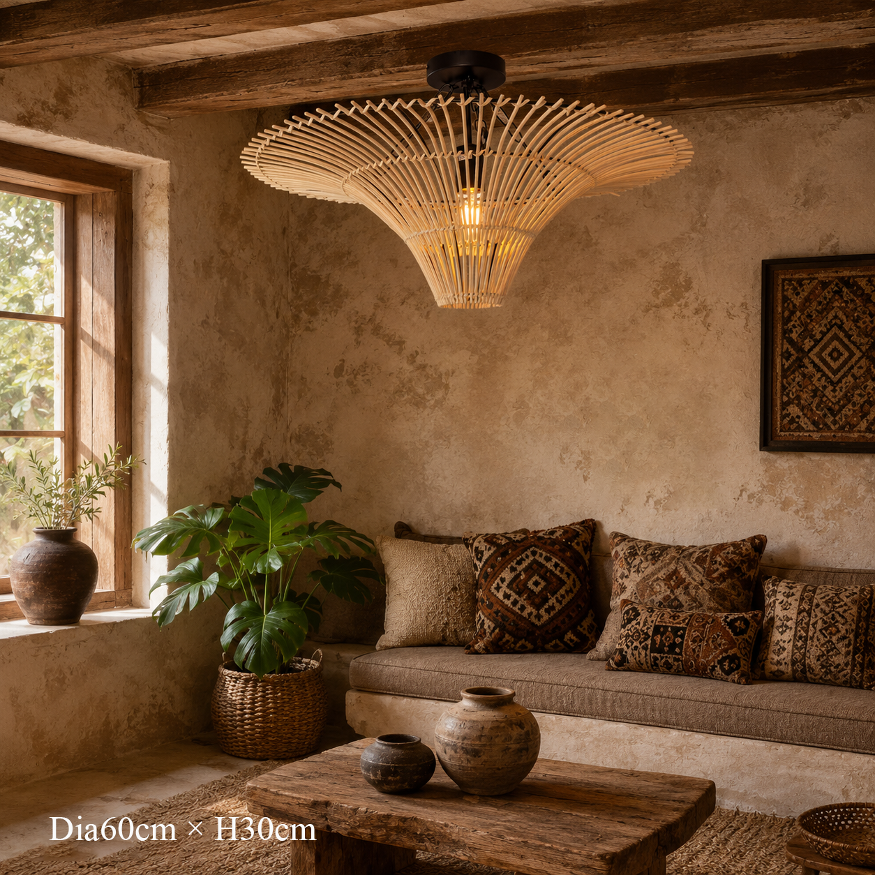 Handwoven Flying Saucer Rattan Pendant Light for Dining Room & Living pendant light in a living room