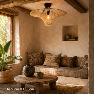 Handwoven Flying Saucer Rattan Pendant Light for Dining Room & Living pendant light in a living room