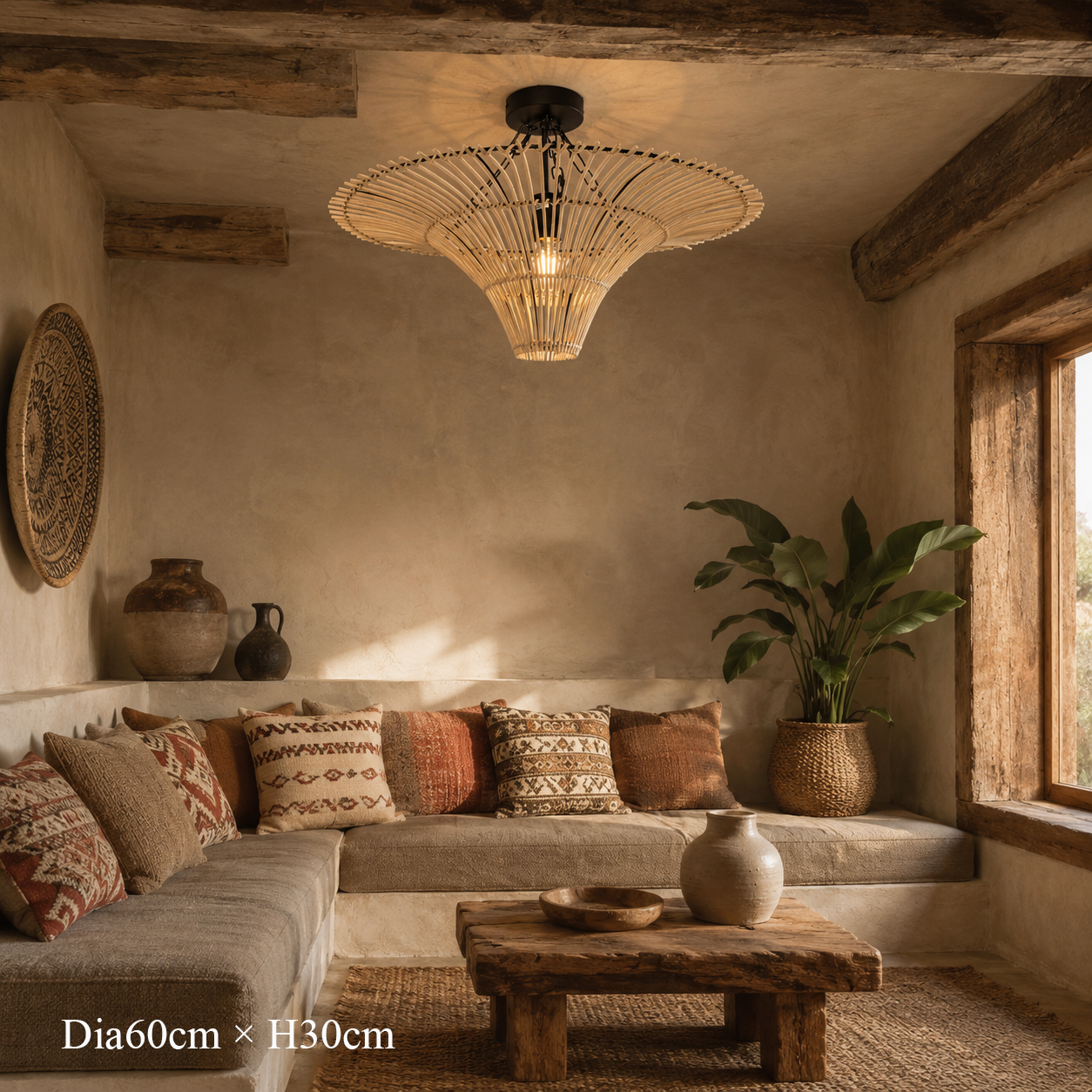 Handwoven Flying Saucer Rattan Pendant Light for Dining Room & Living pendant light in a living room
