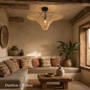 Handwoven Flying Saucer Rattan Pendant Light for Dining Room & Living pendant light in a living room