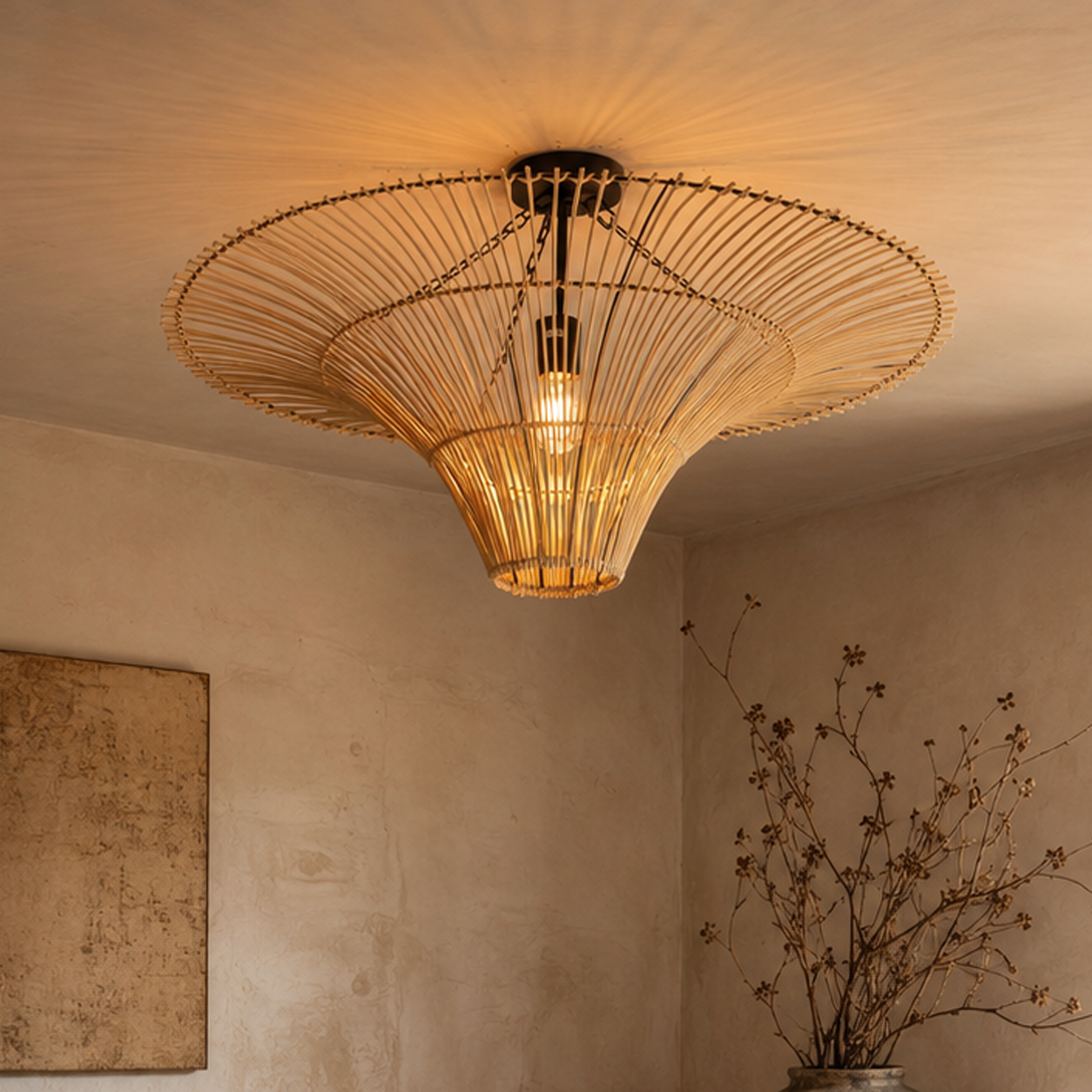 Handwoven Flying Saucer Rattan Pendant Light for Dining Room & Living pendant light in a living room