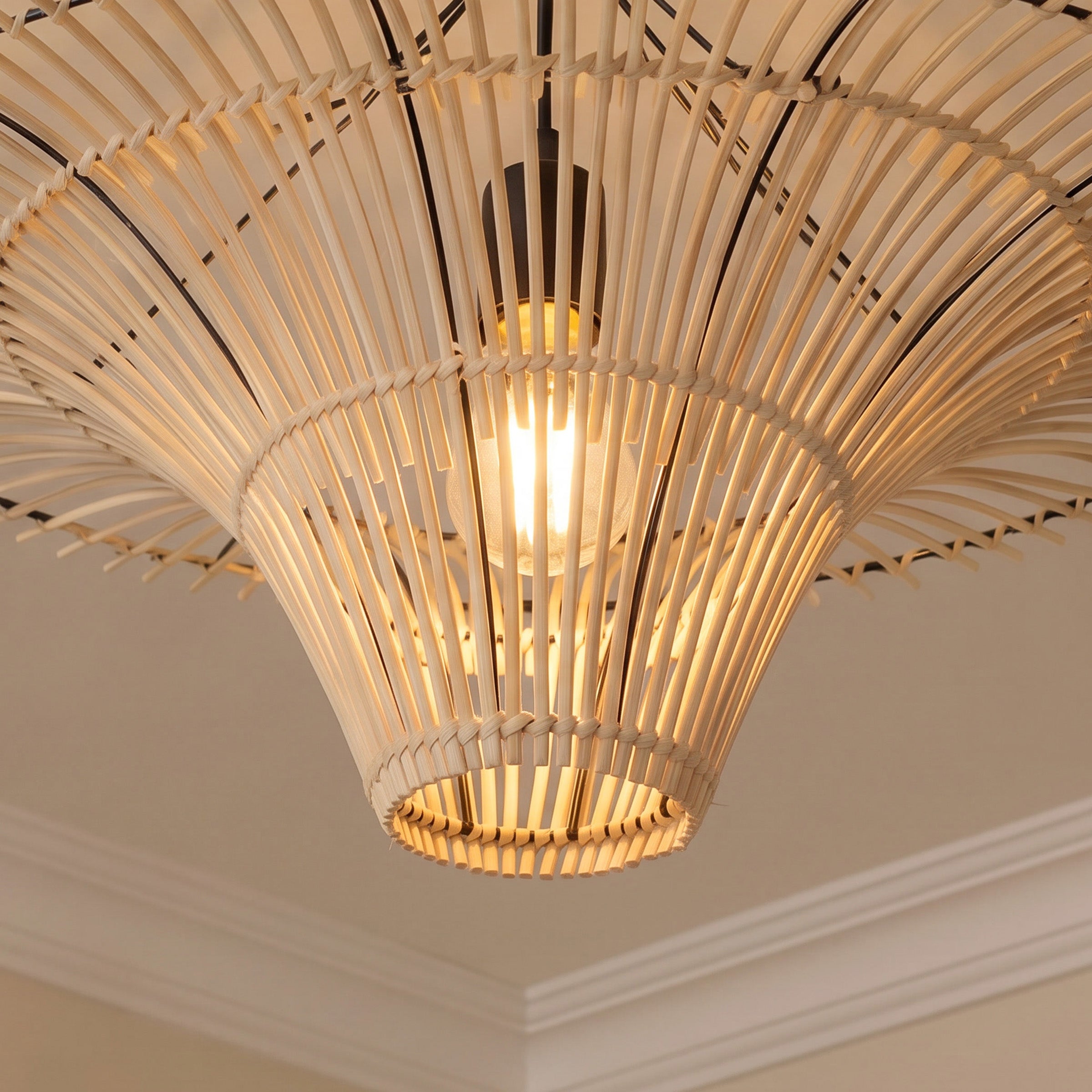 Close-up detail of Handwoven Flying Saucer Rattan Pendant Light for Dining Room & Living pendant