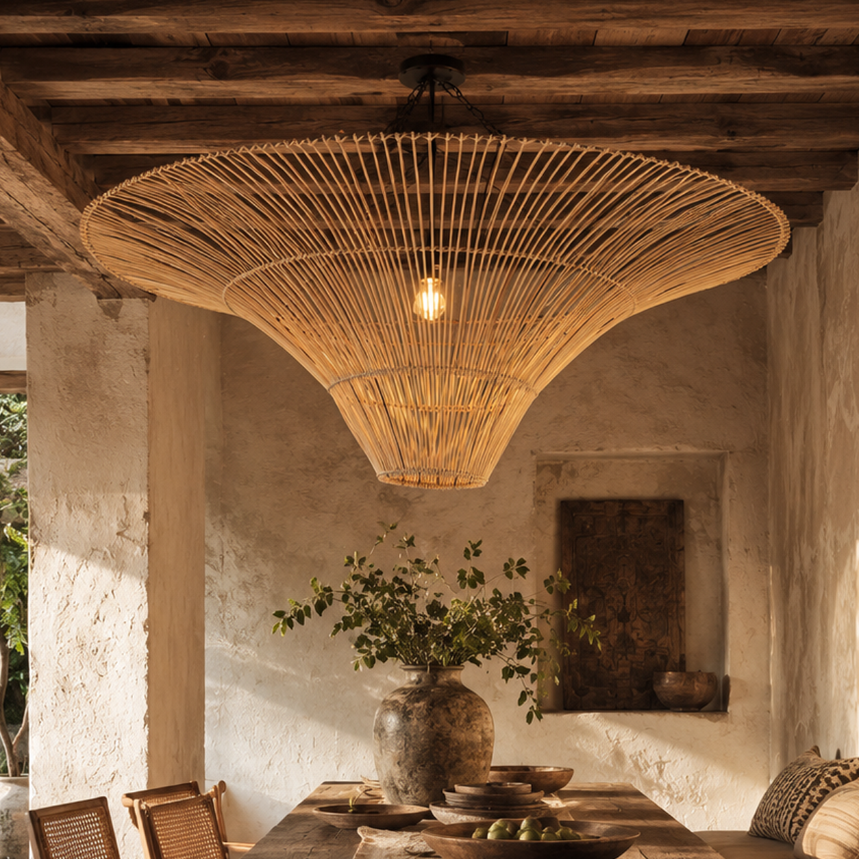 Close-up detail of Handwoven Flying Saucer Rattan Pendant Light for Dining Room & Living pendant