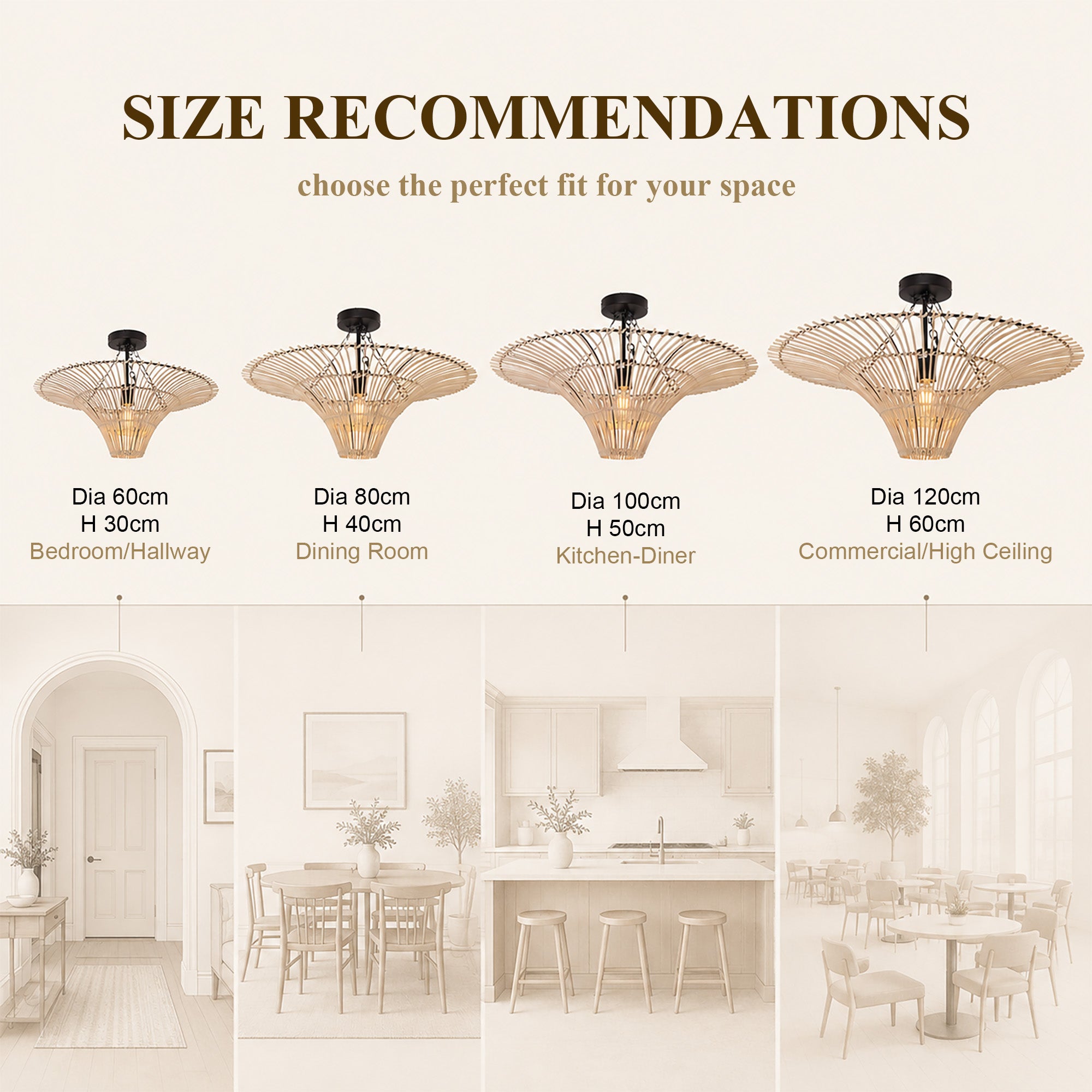 Size chart for Handwoven Flying Saucer Rattan Pendant Light for Dining Room & Living pendant